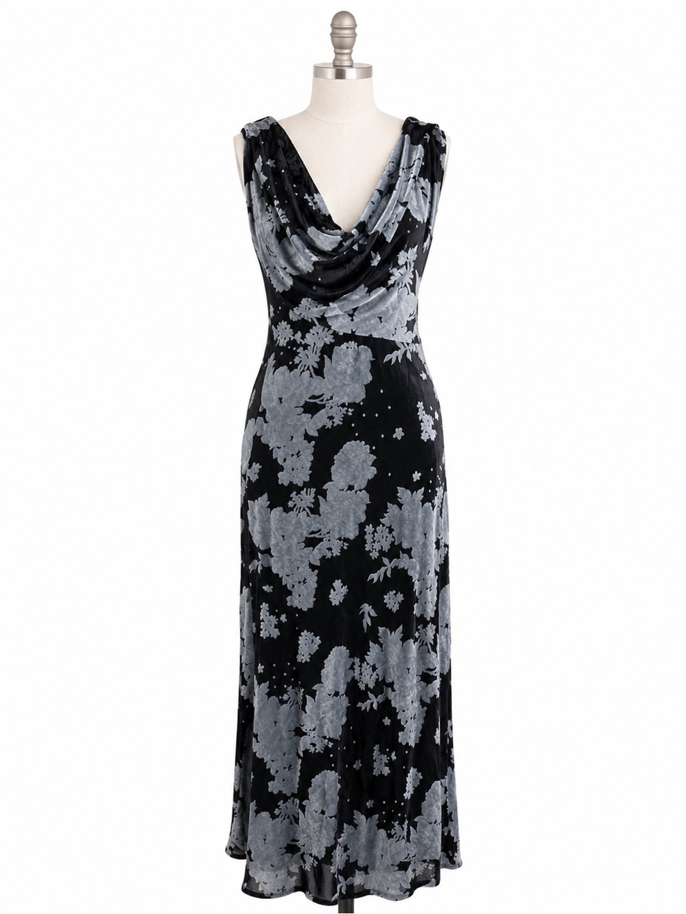 Zara Black & Silver Velvet Floral Burnout Cowl Neck Maxi Dress NWOT Size Medium